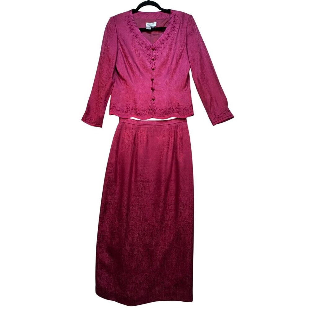 Papell Petites 2-Piece Silk Skirt Suit Set Size 6P Fuchsia - Picture 1 of 16